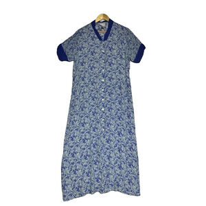 April Cornell Floral Rayon Midi Dress XL Blue Button Up Pleated Cottagecore 90s